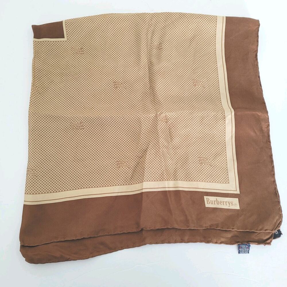 Burberry Vintage Silk Square Scarf Brown Tan Large Retro Classic Logo